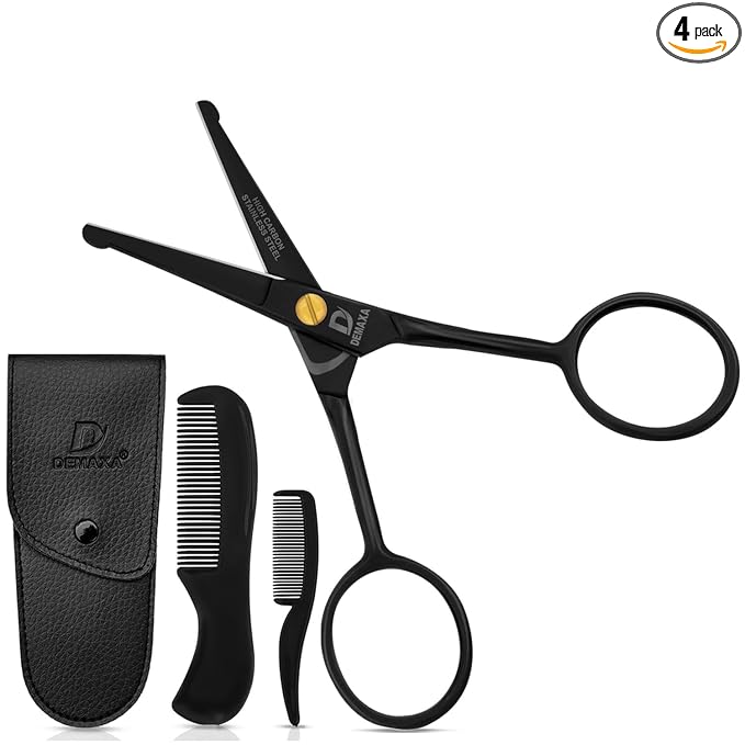 DEMAXA 4.5" Round Tip Safety Mustache Scissors Beard Scissors with 1 Mustache Comb, 1 Beard Comb & Soft Pouch – Best Facial Hair Shears for Beard Mustache Trimming Nose & Ear Hair