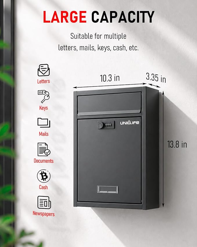 Uniclife Wall Mount Mailbox for Outside, Large Locking Mailbox, Black | Security Mail Box with Combination Lock, Safe Key Drop Box, Post Box, Steel Cash Drop Box for Home Office School