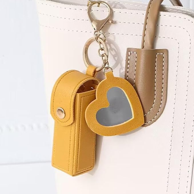 Arvintas 4 PACK PU Leather Potable Chapstick Holder Key Chain Bulk with Mirror, Lipstick Keychain, Lip Balm Organizer Holder Lipstick Travel Makeup Storage Case for Women Girls (Style 2)
