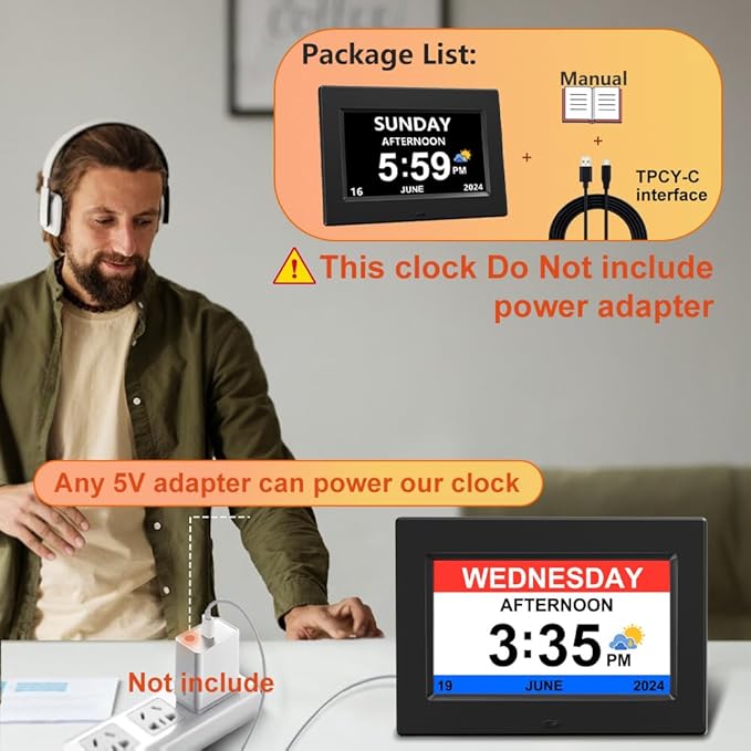 DST Digital Clock with Date and Day of Week for Elderly-12 Alarms Medication Reminder Dementia Alzheimers Clock Calendar with Extra Large Display (7 inch Black)