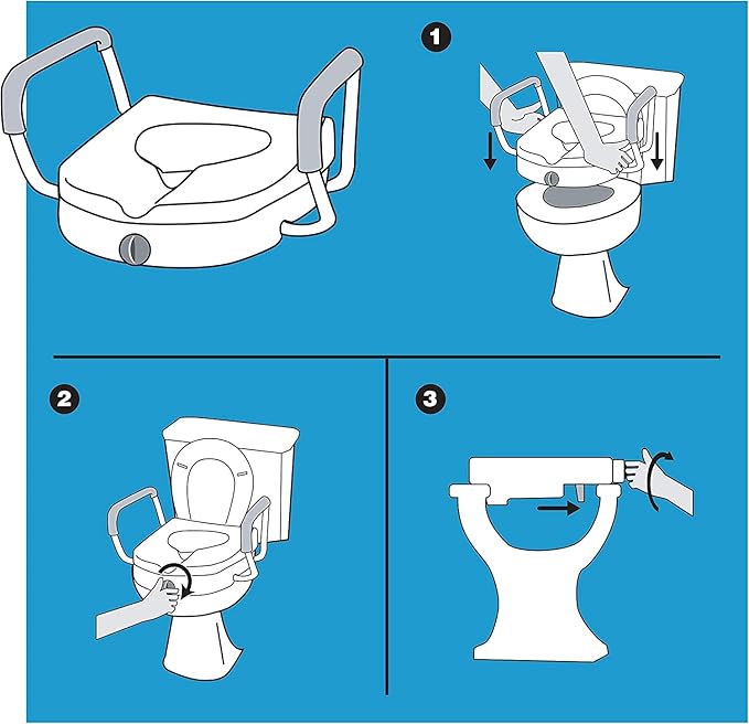 Compass EZ Lock Raised Toilet Seat, Commode Chair for Elderly with Adjustable Armrest, Adds 5 Inches of Height, Portable Seat Riser for Elderly and Handicap, Adult Potty Chair for Seniors, White