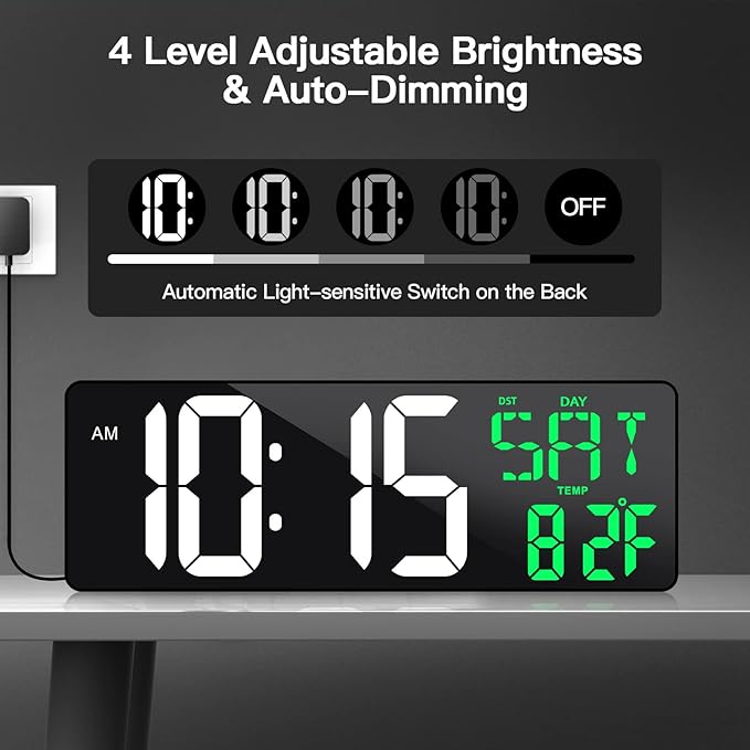 17 Inch Large Digital Wall Clock with Remote Control, Automatic Brightness Dimmer Digital Wall Clock Large Display with Day/Date/Temperature, Snooze, Count Up & Down Timer for Living Room, Office, Gym