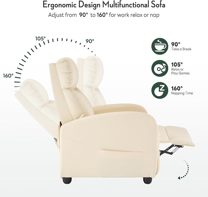 Massage Recliner Chair, Recliner Sofa Fabric for Adults, Recliners Home Theater Seating with Lumbar Support, Reclining Sofa Chair for Living Room, Cream