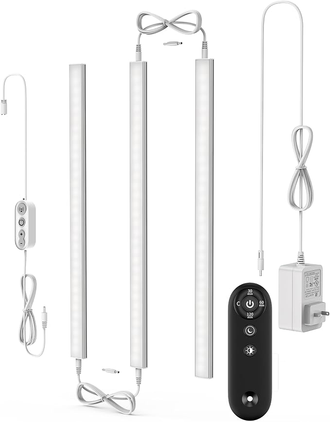 Remote Control Under Cabinet Led Light Plug in, Dimmable Daylight White 4500K, 3 Pack 12 inch Linkable Under Counter Lights for Kitchen Upgrade ETL Listed Plug 24V, UNO-LK 4500K