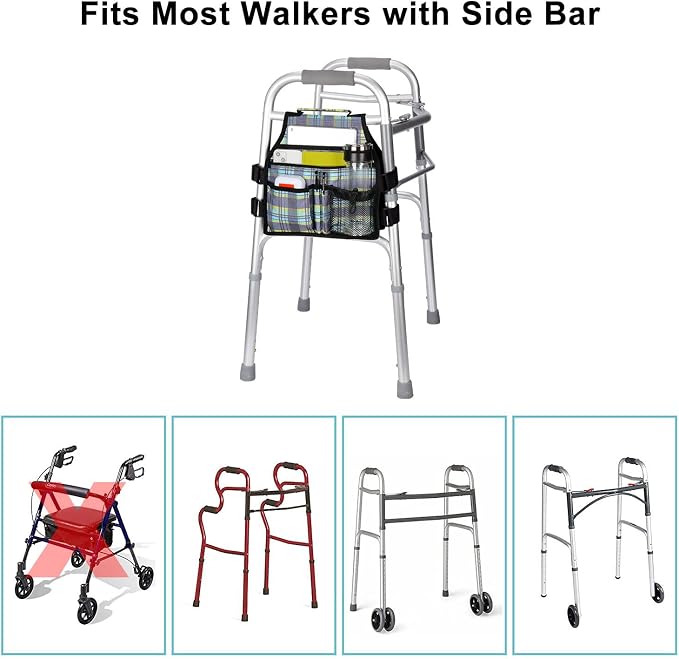 supregear Side Walker Bag, Walker Accessories Bag w/Cup Holder, Folding Walker Basket Waterproof Walker Organizer Caddy Pouch for Most Walker with Side Bar for Seniors, Elderly, Double Sided