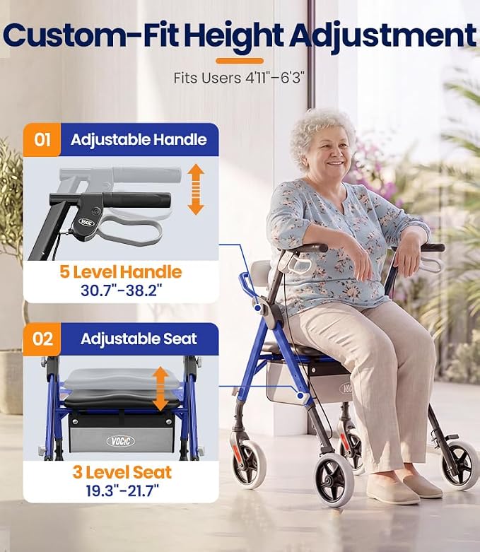 VOCIC Z11 Rollator Walkers for Seniors with Seat, 500 LBS Load, Ultra Wide | High-capacity support, 23" wide frame, ergonomic seat, dual brakes, and slim fold for home, shopping & daily walks, Blue