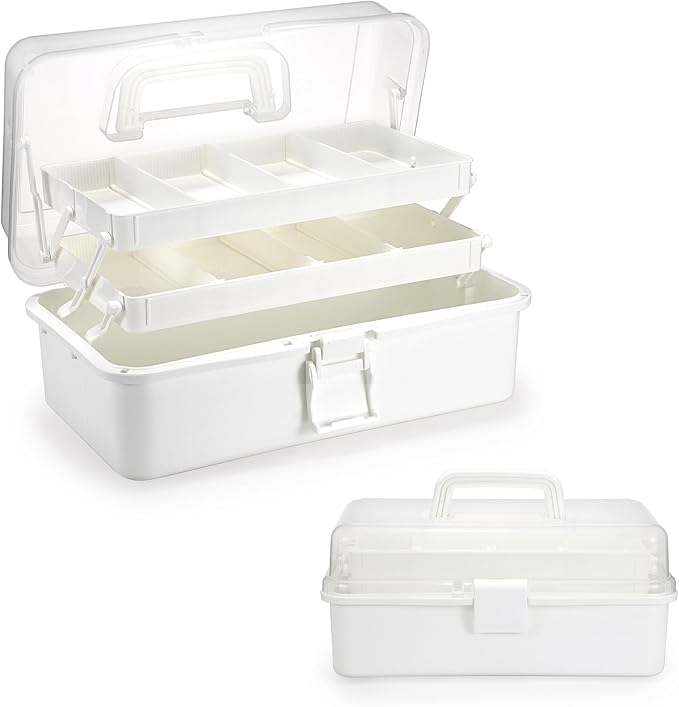 BTSKY 3-Layer Plastic Dividing Storage Box Craft Organizer with Adjustable Spacers Portable Handled Art Supply Organizer Multipurpose Home Utility Box for Medicine Box Sewing Box (Beige White)