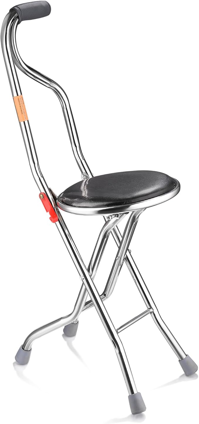 AW Lightweight Folding Walking Cane Stick with Seat Four Legged Portable | Travel Hiking Chair Stool Eldely Care Aid