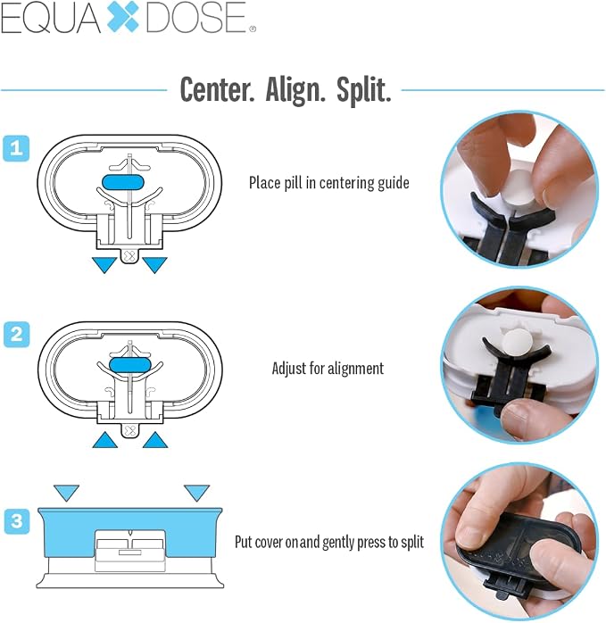 EQUADOSE Precision Pill Splitter with Centering Guide, Dual Stainless-Steel Blades for Small & Large Tablets, Accurate Halves & Quarters for Medication, Vitamins and Pet Pills, Black