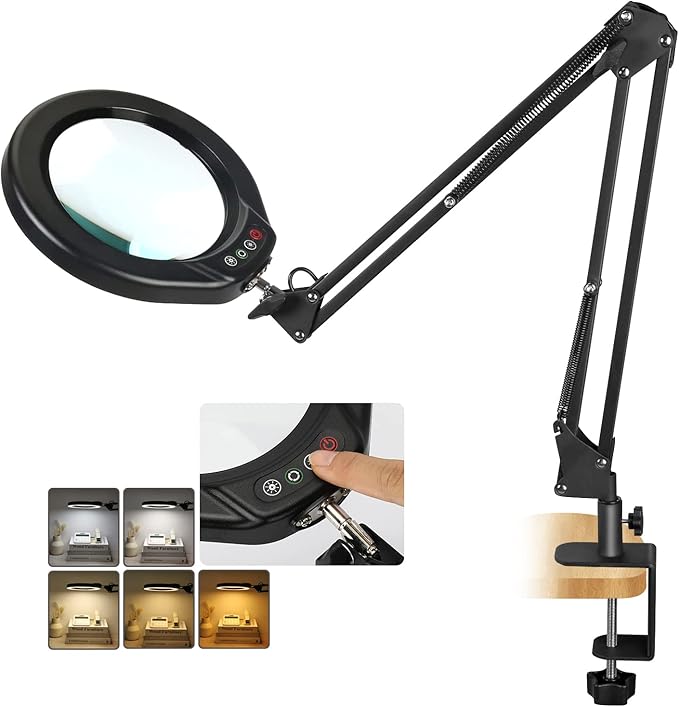VEEMAGNI 10X 5 Inch Large Real Glass Magnifying Glass with Light and Stand, 5 Color Modes Stepless Dimmable, Long Swivel Arm LED Clamp Desk Lamp, Hands Free Lighted Magnifier for Reading Crafts Hobby