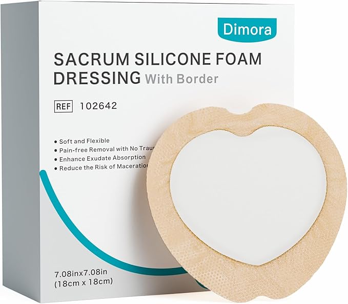 Dimora Sacrum Foam Wound Dressing (20 Packs)- Silicone Foam Bandages Adhesive Border 7"x7", Absorbent Sacral Pads Waterproof Breathable Bed Sore Pressure Dressing