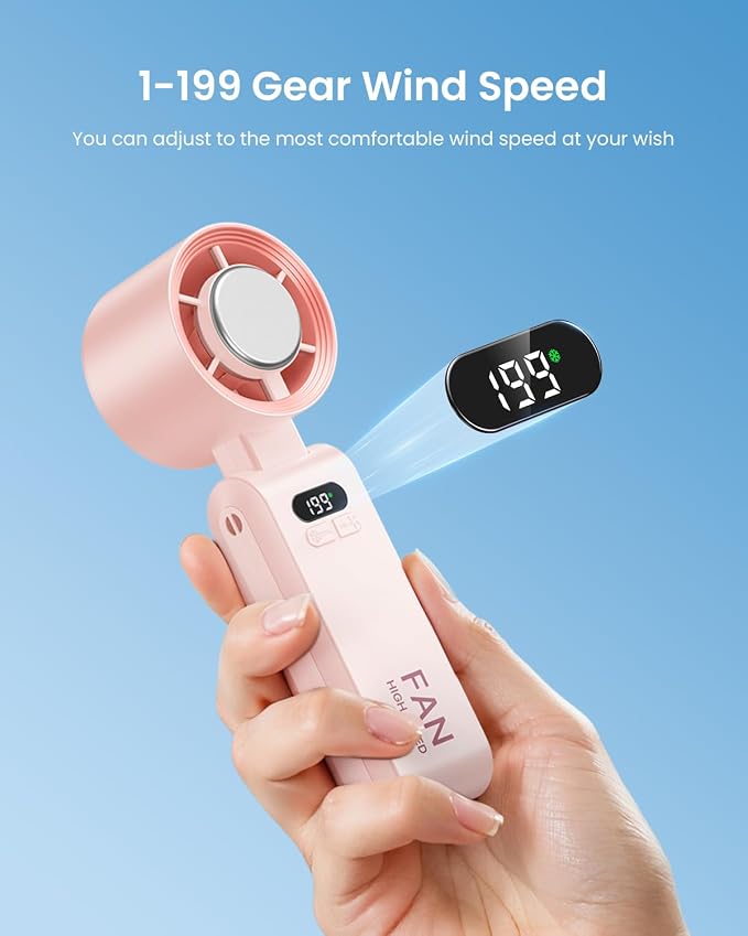 2 Pack Handheld Portable Turbo Fan with Ice Cooler, Speed (1-199) 5500mAh*2 Rechargeable Personal Fan,[20H Cooling Time] Mini Yet Powerful, Small Pocket Fans for Travel/Outdoor/Office, Pink
