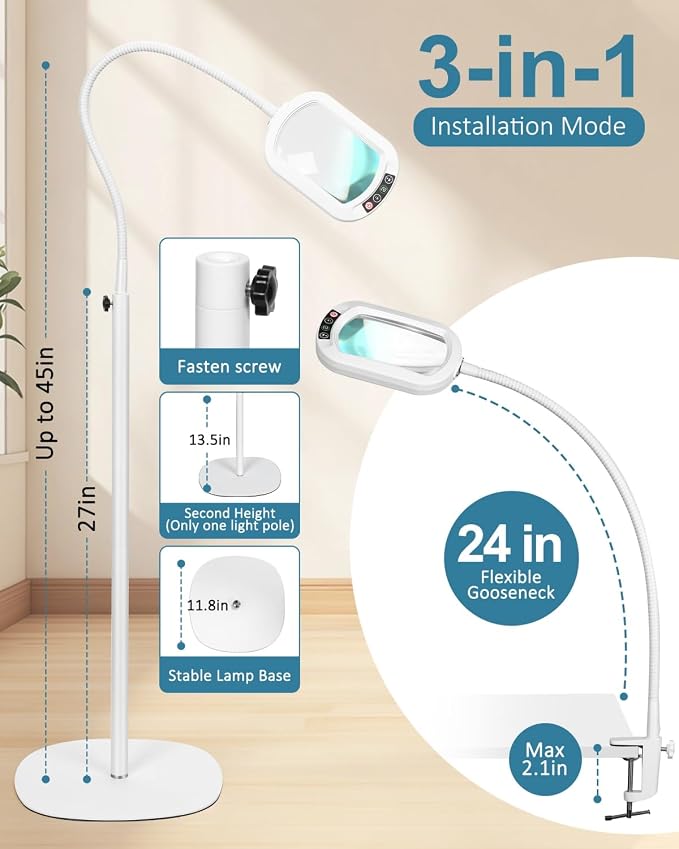 12X Rectangle Magnifying Glass with Light and Stand, 24" Flexible Gooseneck 3-in-1 Floor Lamp, 5 Color Modes Stepless Dimmable, LED Lighted Hands Free Magnifier for Reading Painting Close Work - White