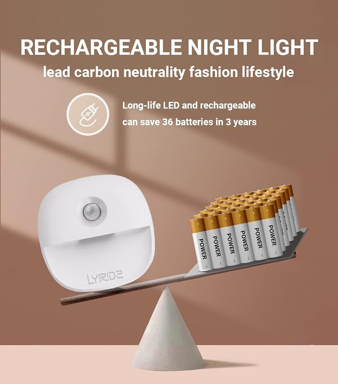 Lyridz Rechargeable Battery Night Light with Motion Sensor, Dimmable Amber Nightlights for Bathroom, Bedroom, Hallway, Stairs, Pet House, 3 Pack