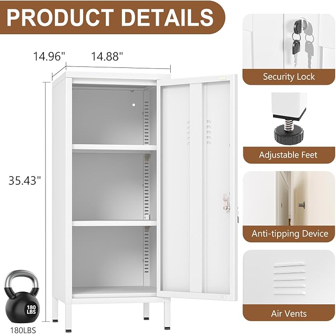 pozdeg 35.43" Metal Storage Locker with Lockable, Metal Steel Locker for Employees with 1 Door ＆ 2 Adjustable Shelves, Small Locker Storage Cabinets for Home, School, Office, Gym (White)