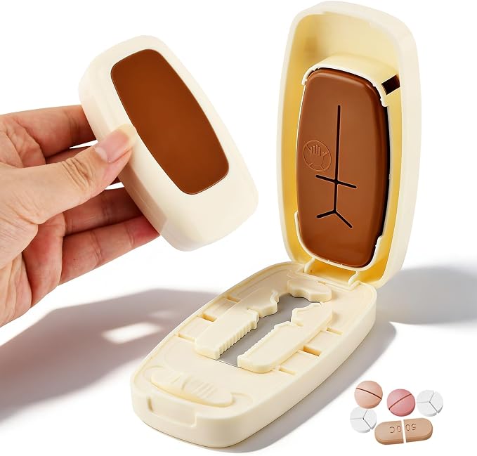 Pill Cutter for Small and Tiny Pills, 1/2 1/3 1/4 Pill Splitter with Adjustable Guide & Non-Slip Base, Stainless Steel Blade, Accurate and Easy Cutting for Vitamins and Tablets(Color:Creamy White)