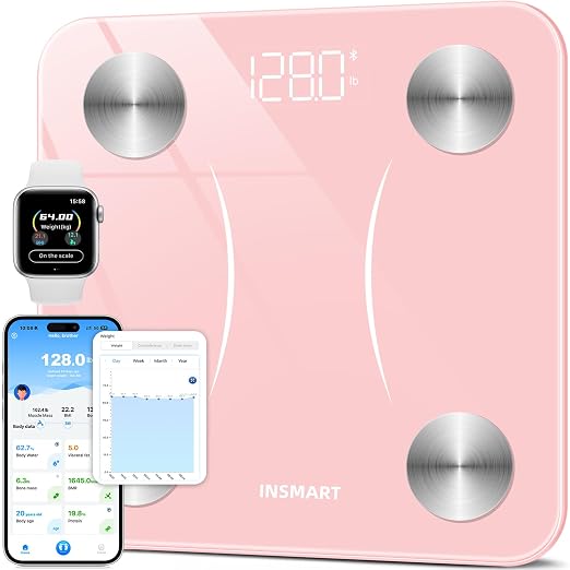 INSMART Body Fat Scale, Smart Scale for Body Weight 0.1lb High Accuracy, Digital Bathroom Weight Scale for BMI, Body Fat, Muscle 17 Body Composition Analyzer Sync with App, LED Display, 400lb, Pink