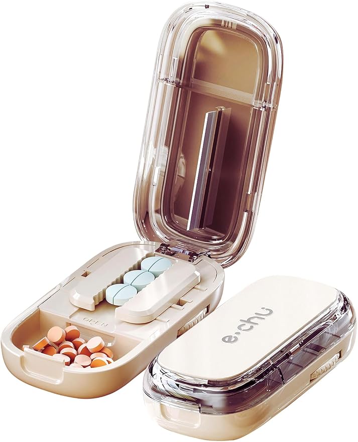 Pill Cutter Splitter for Small and Tiny Pills - Adjustable Pill Splitter with Centering Device for Cutting Multiple Pills, Precision Alignment, Easy to Use and Travel Sized, (1/2 White)