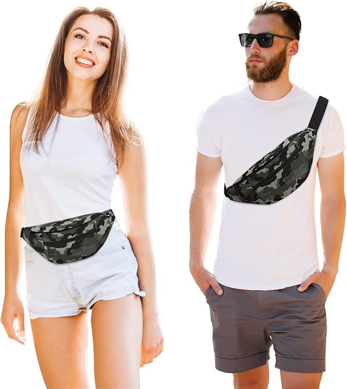 Large Camo Green Fanny Pack Hands-Free Belt Bag Carrying All Size of Phones | 4-Zipper Pockets,Polyester,Gifts for Enjoy Festival Sports Workout Traveling Running Casual Hands-Free Waist Pack Belt Bag