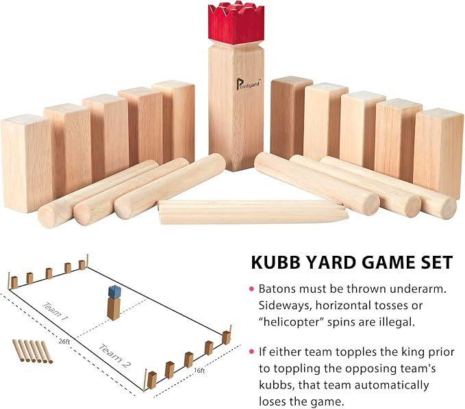 Kubb Yard Game Set Viking Chess Outdoor Hevea Hardwood Toss Game for Adults & Families - with 10 Blocks, 6 Batons, Carrying Bag | Perfect for Backyard Lawn Beach Party BBQ Camping