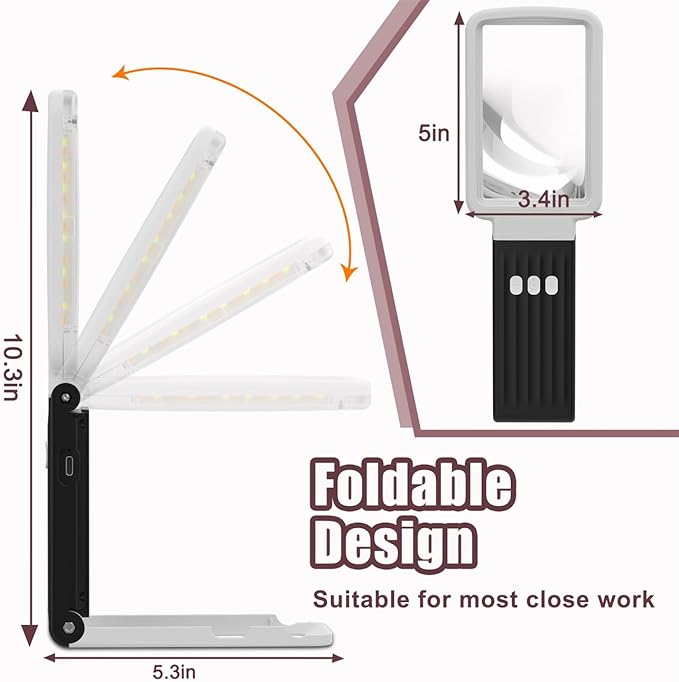10X Magnifying Glass with Light and Stand, Real Glass Lens, Rechargeable Foldable Handheld Magnifier, 3 Color Modes Dimmable Lighted Page Magnifier for Reading Fine Prints, Low Vision Seniors