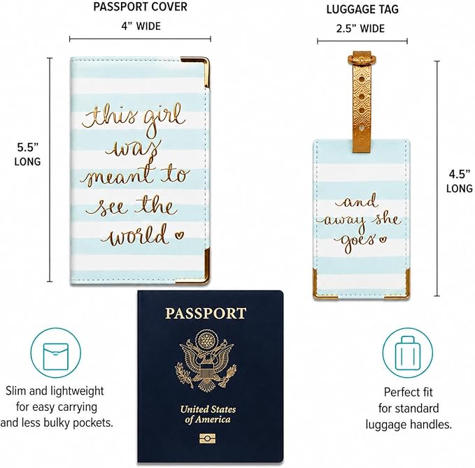 WORD TRAVELER Passport Cover Holder And Luggage Tag Set In Gift Box | Faux Material, Adjustable Buckle Strap, Privacy ID Window, Slim Lightweight Build for Easy Carry