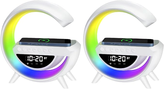 Saker G-Shaped LED Wireless Charging Bluetooth Speaker, 3-in-1 LED Digital Alarm Clock Radio with 13 RGB Lights & Noise, 360° Surround Sound Nightstand Clock with FM Radio for Bedroom Office (White*2)
