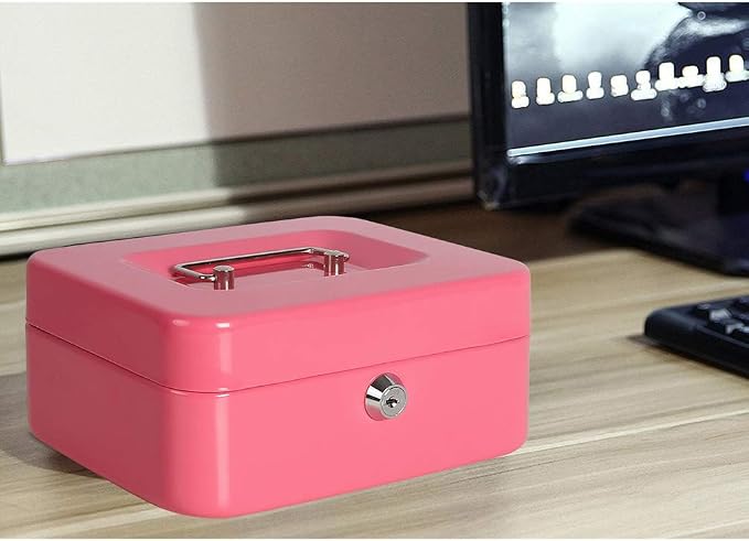 Jssmst Small Cash Box with Key Lock - Durable Metal Cash Box with Money Tray Pink, CB0104M