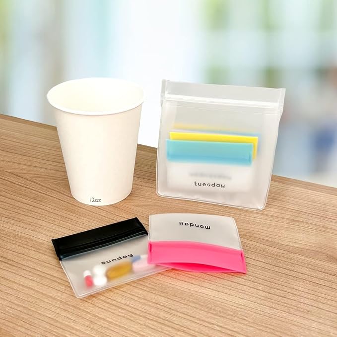 Ezy Dose Reusable 7-Day Travel Pill Pouch Set, Colored Days of the Week | Durable Travel-Sized Baggies, Includes Days of The Week Labels w/Color for Easy Identification, Silicone Storage