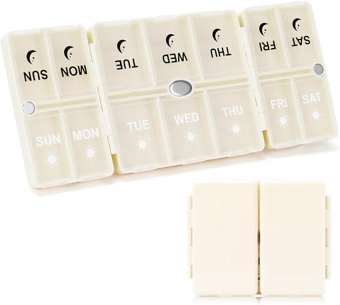 FYY Weekly Pill Organizer 2 Times a Day, Magnetic Travel Pill Box AM PM with Easy Open – 7-Day Daily Pill Case Medicine Organizer for Vitamins,Supplements - Beige
