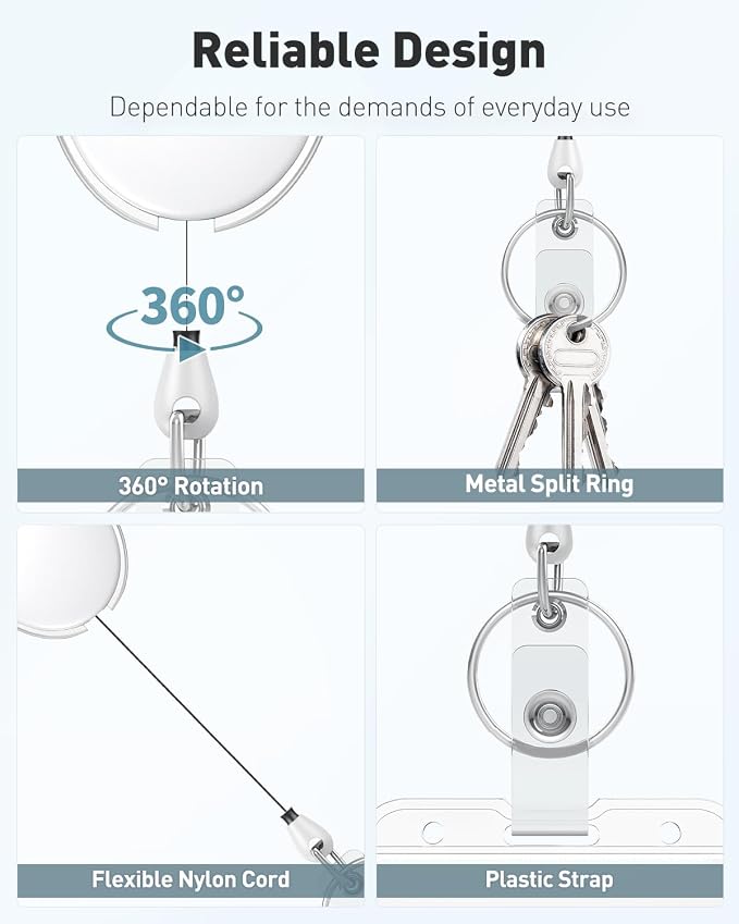 Uniclife 2 Pcs Retractable Badge Reel Keychain Clip for Badge Holder White | Heavy Duty, ID Card Badge Extender, White Gift for Her, Retractable Cord Reel Clip, with Carabiner Belt Clip and Key Ring