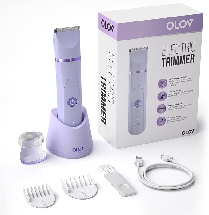 OLOV Electric Body Hair Trimmer - Groin Trimmer for Men - Bikini Trimmer Women - Wet/Dry Shaver Groomer, Replaceable Ceramic Blade Heads, USB Recharge Dock, Waterproof Hygiene Razor, Purple