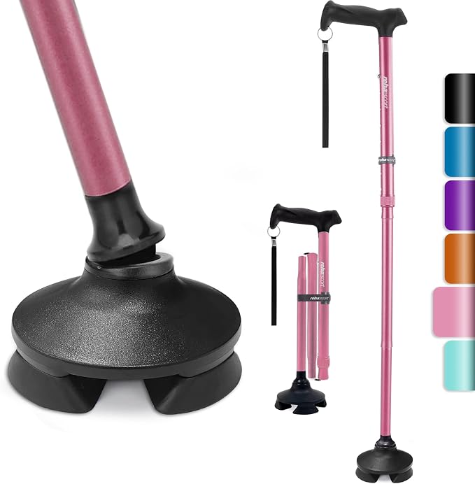 Rehaescort Walking Cane for Men & Women - Folding, Adjustable, Lightweight, Walking Canes for Seniors Balance, Free Standing, Pivot Tip, Soft Handle, Foldable Walking Sticks with Travel Bag
