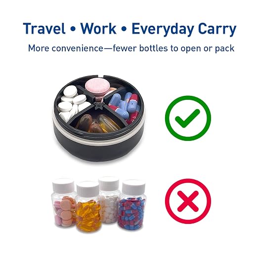 EZY DOSE Mini Pill Organizer, 4-Compartment Vitamin & Medication Case with Screw-Top Secure Seal + Sliding Dispenser, Compact Bottle-Replacement for Purse, Work, Cruise & Travel, Small, Black/Cream