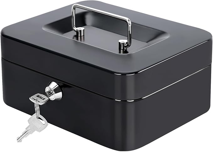 Jssmst Locking Medium Steel Cash Box with Money Tray,Lock Box,Black