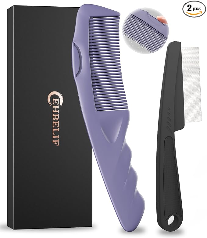 Dandruff Comb Removal 2PC Hollow Fine Tooth Scalp Detox Hair Care Tool | Upgraded Stainless Steel Teeth, with Gift Box, Build up Flake, Self Cleaning, Button-Release, for Women Men Kids, Purple