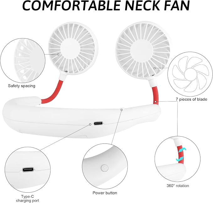 Haomaomao Portable Neck Fan 2500 mAh Rechargeable USB Hands-Free Mini Face Cooling Personal Double Headed Rotatable Small Fan for Working Office Reading Traveling Outdoor Sport