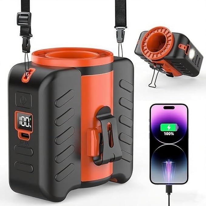 Portable Rechargeable Wearable Belt Fan with 5 Wind Speeds, LED Light, Strong Cooling Airflow for Camping, Work, Travel, Powerful and Lightest Portable Waist