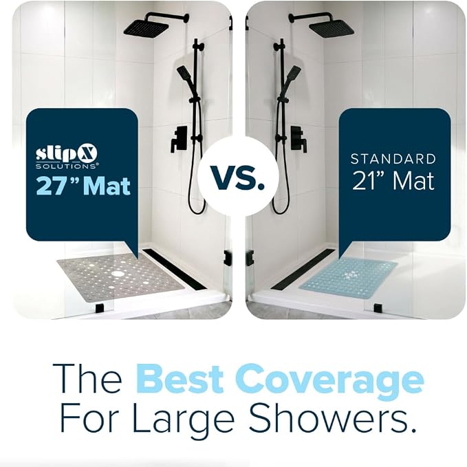 SlipX Solutions 27" Oversize Square Shower Mat, Non-Slip Mat for Elderly & Kids, 100+ Power Grip Suction Cups for Smooth Surfaces, Machine Washable, Solid Tan