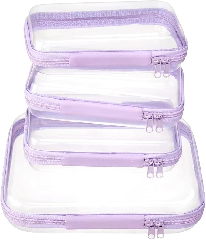 4 pcs Clear Zipper Pouches,Hard Shell Zipper Case, Toiletry Bag for Travel | CLear Diaper Bag, Toiletry Pouch, Travel Organizer, Cosmetic Bag,Toy Storage Bins (M+3S) (Lavender)