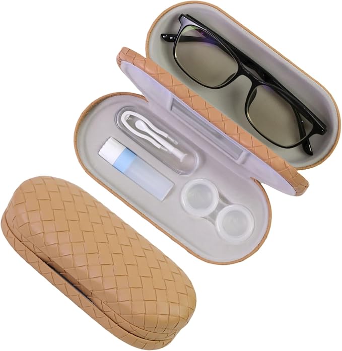 2 in 1 Contact Lens Case and Eyeglasses Case for Women Men Kids, Double Sided Hard Shell Portable Glasses Travel Holder with Built-in Mirror, Contact Lens Box Storage Kit, Coffee