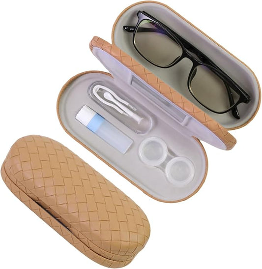 2 in 1 Contact Lens Case and Eyeglasses Case for Women Men Kids, Double Sided Hard Shell Portable Glasses Travel Holder with Built-in Mirror, Contact Lens Box Storage Kit, Coffee