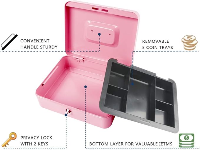 KYODOLED Large Metal Cash Box with Money Tray and Lock,Money Box with Cash Tray,Cash Drawer,9.84"x 7.87"x 3.54" Pink Large