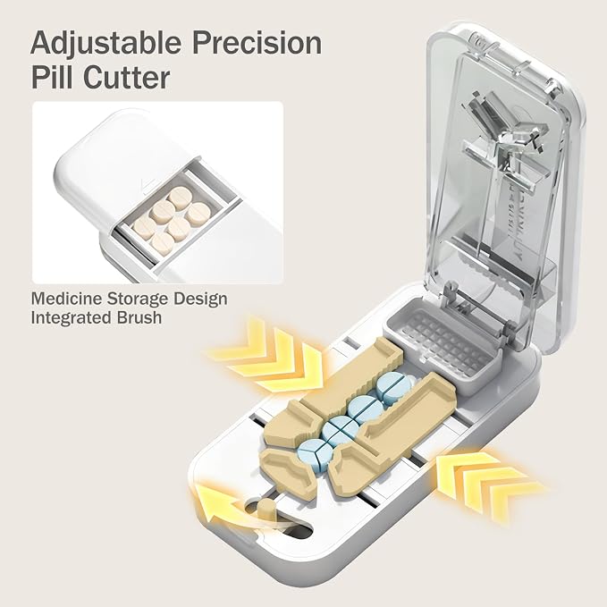 3-in-1 Adjustable Pill Cutter for Small & Large Pills, Professional Pill Splitter Cuts Tablets into 1/2, 1/3 & 1/4, Cuts Multiple Tablets,Hidden Blade，with Storage Box and Tweezers (White)