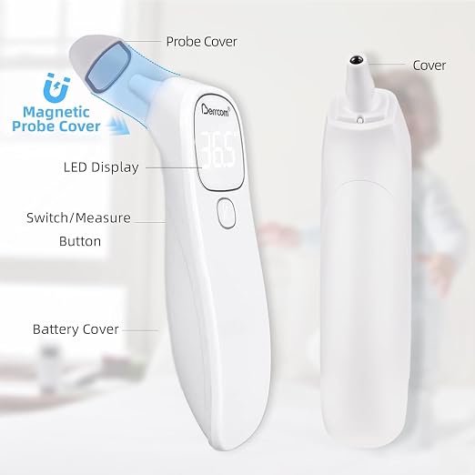 Berrcom 2-in-1 Infrared Forehead Ear Thermometer Medical All Ages | 1s fast reading digital thermometer with LED display & auto shut off, magnetic probe design for forehead and ear use