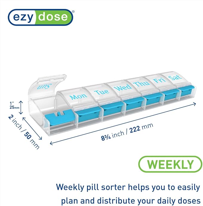 EZY DOSE Weekly (7-Day) AM/PM Daily Pill Organizer, Vitamin Case, and Medicine Container, X-Large Compartments, Arthritis Friendly, Convenient with Effortless Portability, Clear/Blue Lids, BPA Free