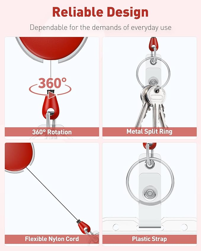 Uniclife 2 Pack Retractable Keychain, Retractable Badge Reel, Heavy Duty Badge Holder Clip for Keys and ID Card, Key Chain Extender with Carabiner Belt Clip and Key Ring, Red