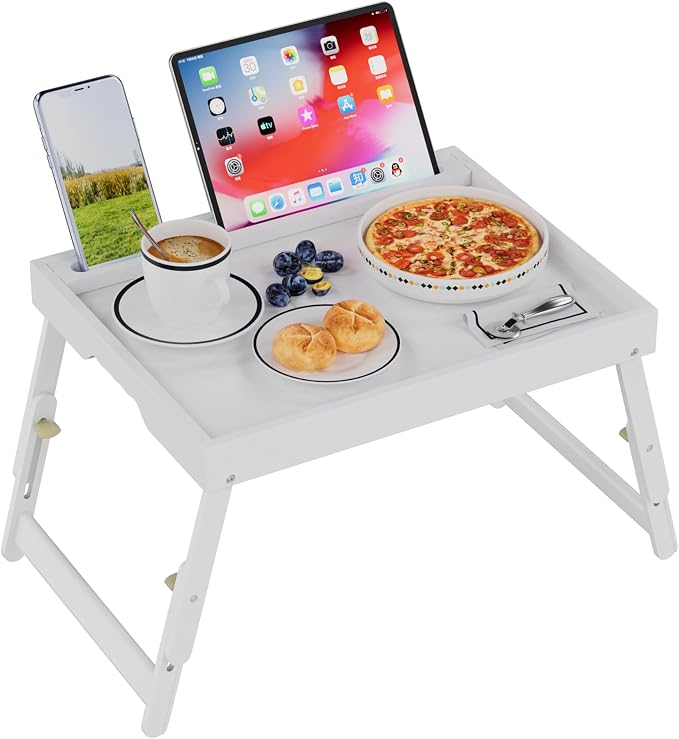 Artmeer Adjustable Bamboo Bed Tray Table with Device Slot, Large, White | Adjustable FSC-certified bamboo bed tray with device slot, folding legs and handles for meals, laptops and reading in bed.