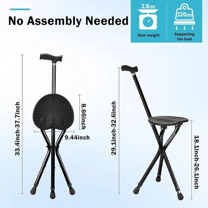 Cane with Seat, Folding Walking Cane Chair with LED Light, Height Adjustable Lightweight Aluminum Walking Stick with Seat, Portable Seat for Seniors & Adults, Fits 55.1–78.7 in Height, 250 lb Capacity