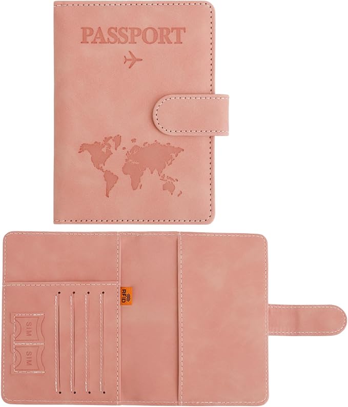 Passport Holder for Travel Essentials, Pink Leather Passport Cover, Passport Wallet Holders for Women Men Family Travel Gifts Must Have Accessories, Credit Card Cash Air Ticket Storage Supplies